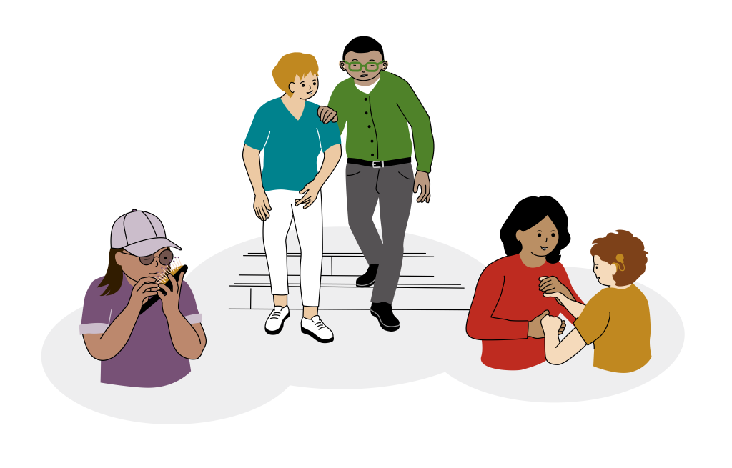 Tre färgglada illustrationer på rad som symboliserar konsekvenser av dövblindhet.