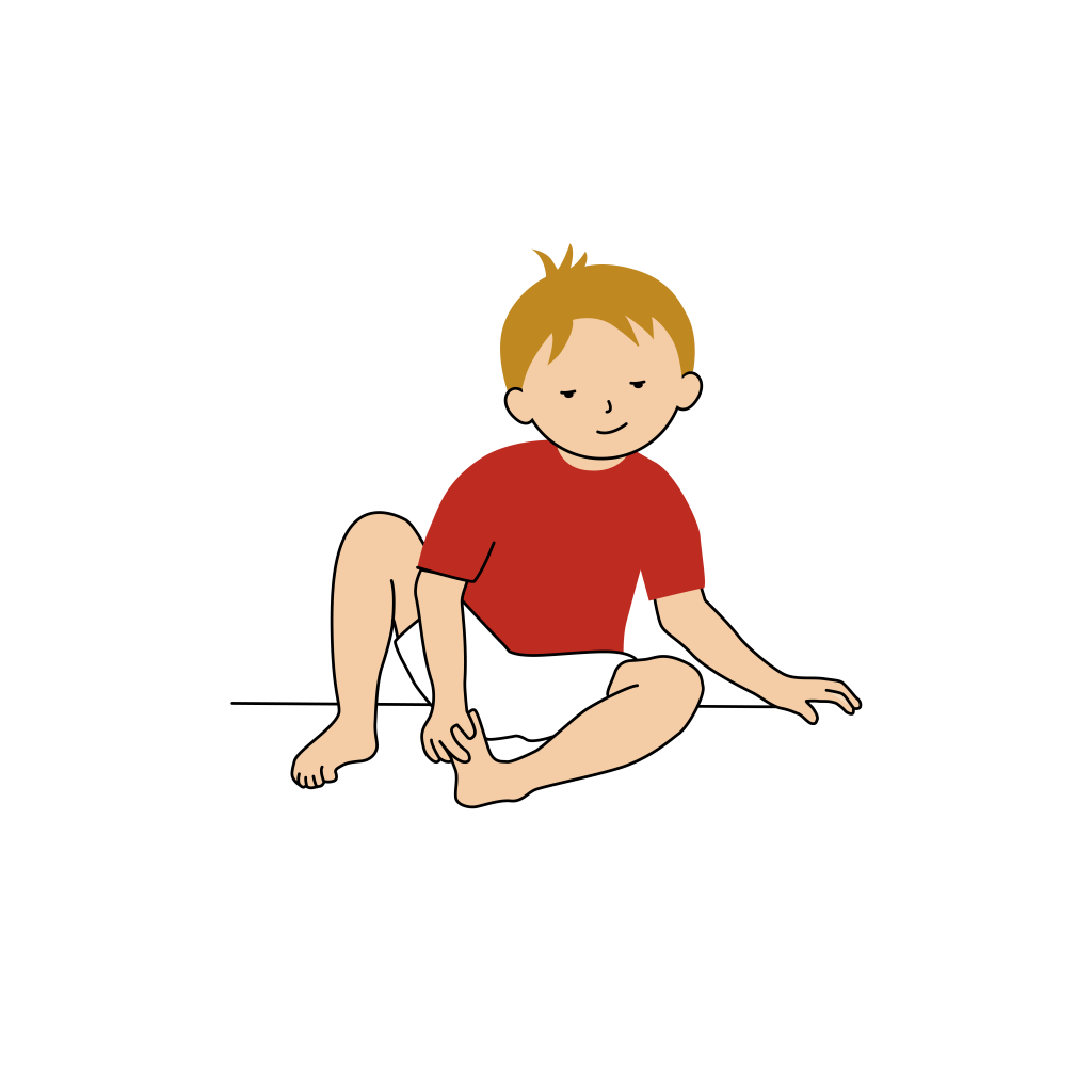 En liten pojke sitter på golvet och håller en hand på sin ena fot. Illustration.