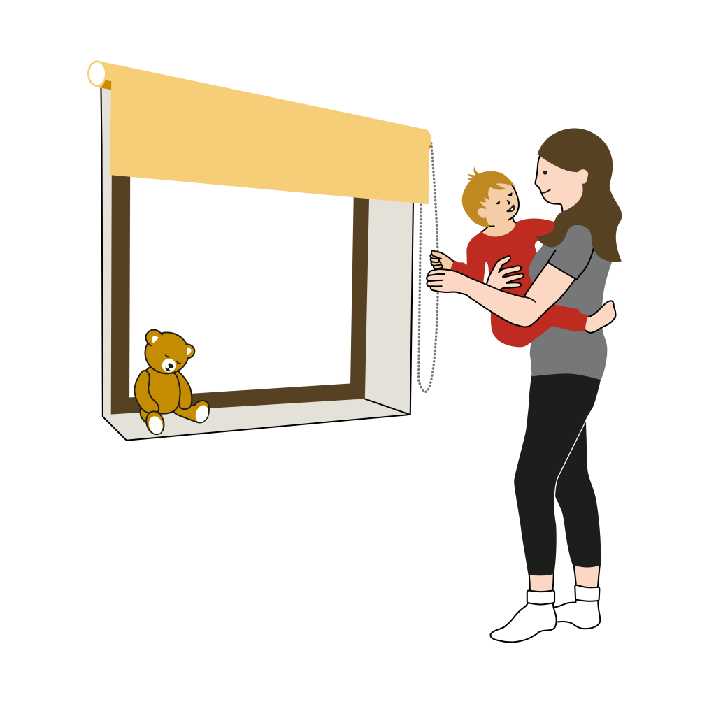 En kvinna håller ett litet barn i famnen. De står intill ett fönster och drar ner en rullgardin. Illustration.