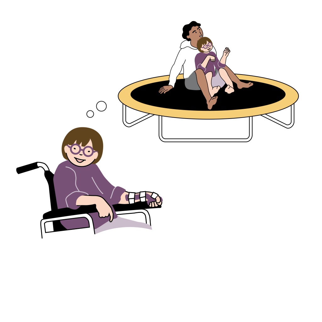 En flicka med glasögon och skena på ena underarmen. Hon sitter i en rullstol och tänker på när hon lekte på en studsmatta. Illustration.