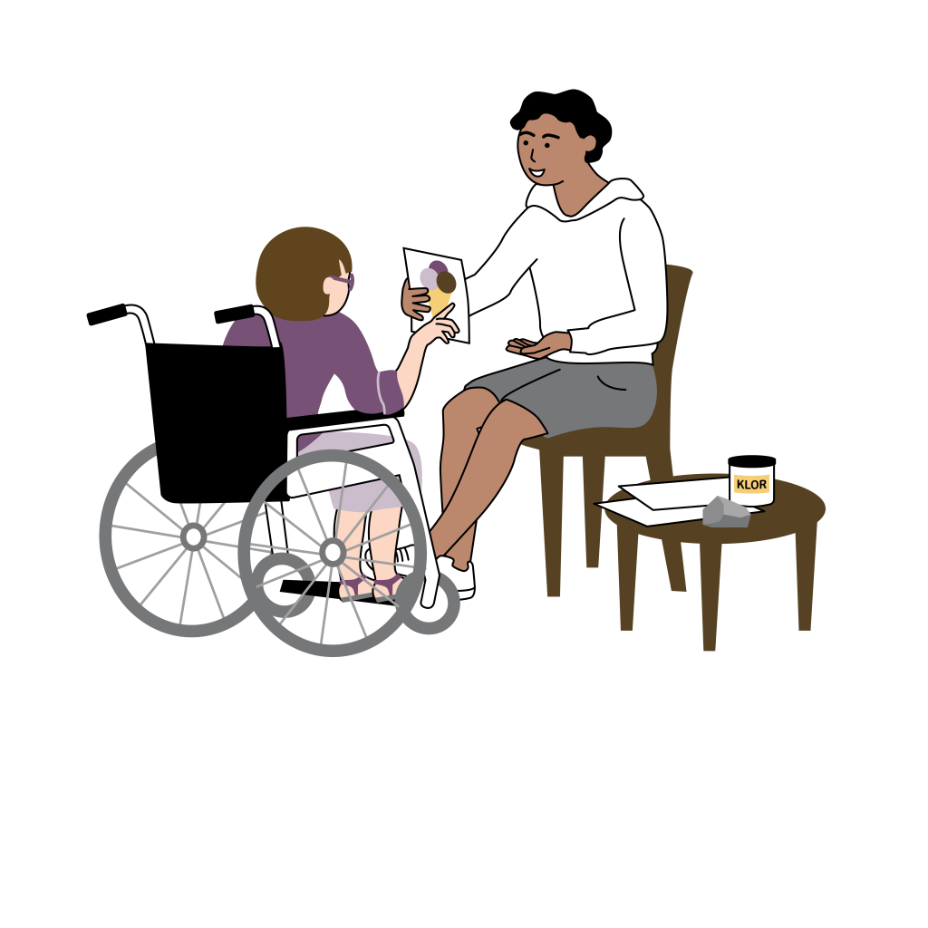 En flicka sitter i en rullstol vänd mot en vuxen som sitter på en stol och håller upp en bild på en glass. Illustration.