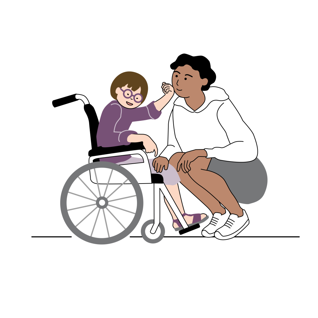 En flicka med glasögon sitter i en rullstol och känner på kinden på en vuxen person som sitter på huk framför rullstolen. Illustration.
