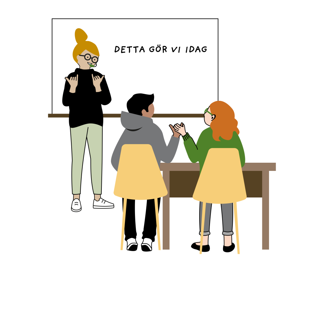 En kvinna står framför en skrivtavla och talar i en mikrofonlur. Två yngre personer lyssnar från ett arbetsbord där de via armbågsstöd har kontakt med varandras händer. Illustration.