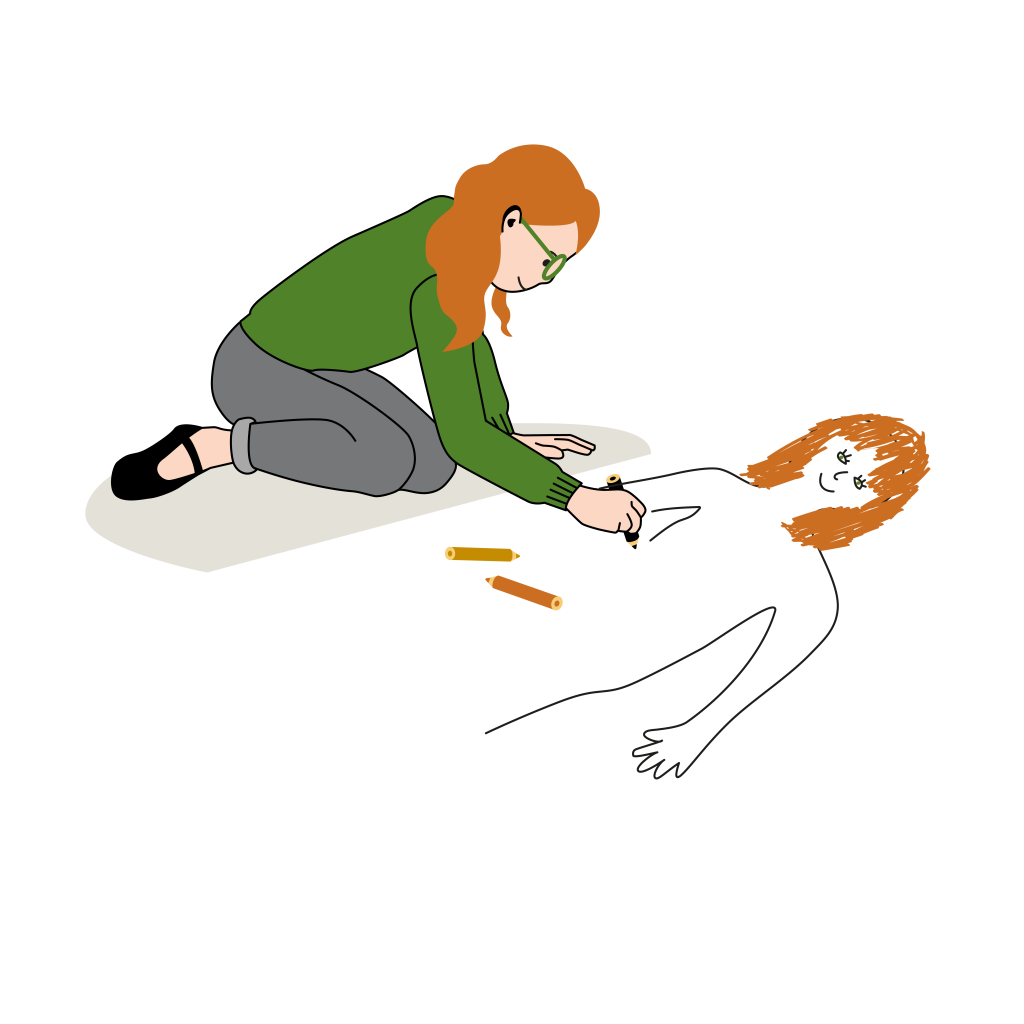 En flicka med glasögon ritar en flicka på golvet i verklig storlek. Illustration.