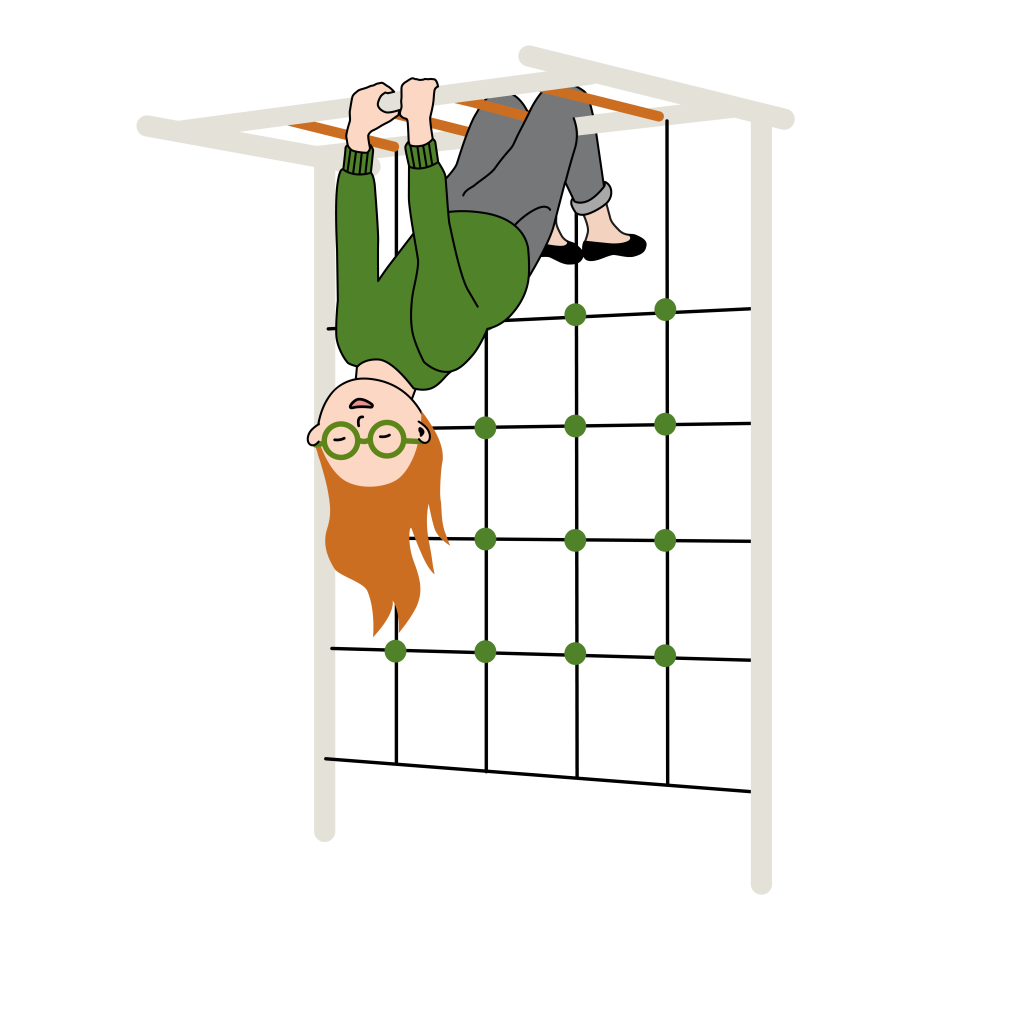 En flicka med glasögon hänger upp-och-ner i en klätterställning. Illustration.