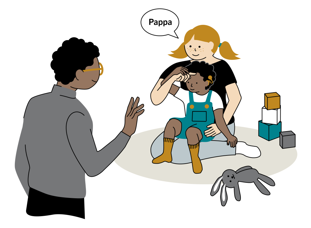 En ung kvinna och ett barn sitter tillsammans på golvet och tittar på en man som hälsar med handen. Barnet har hörhjälpmedel och får hjälp att utföra tecknet för "pappa". Illustration.