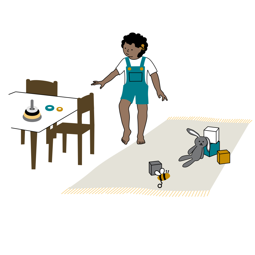 En liten pojke med hörapparat står vid en matta med några leksaker på. Intill mattan står ett bord och två stolar. Illustration.