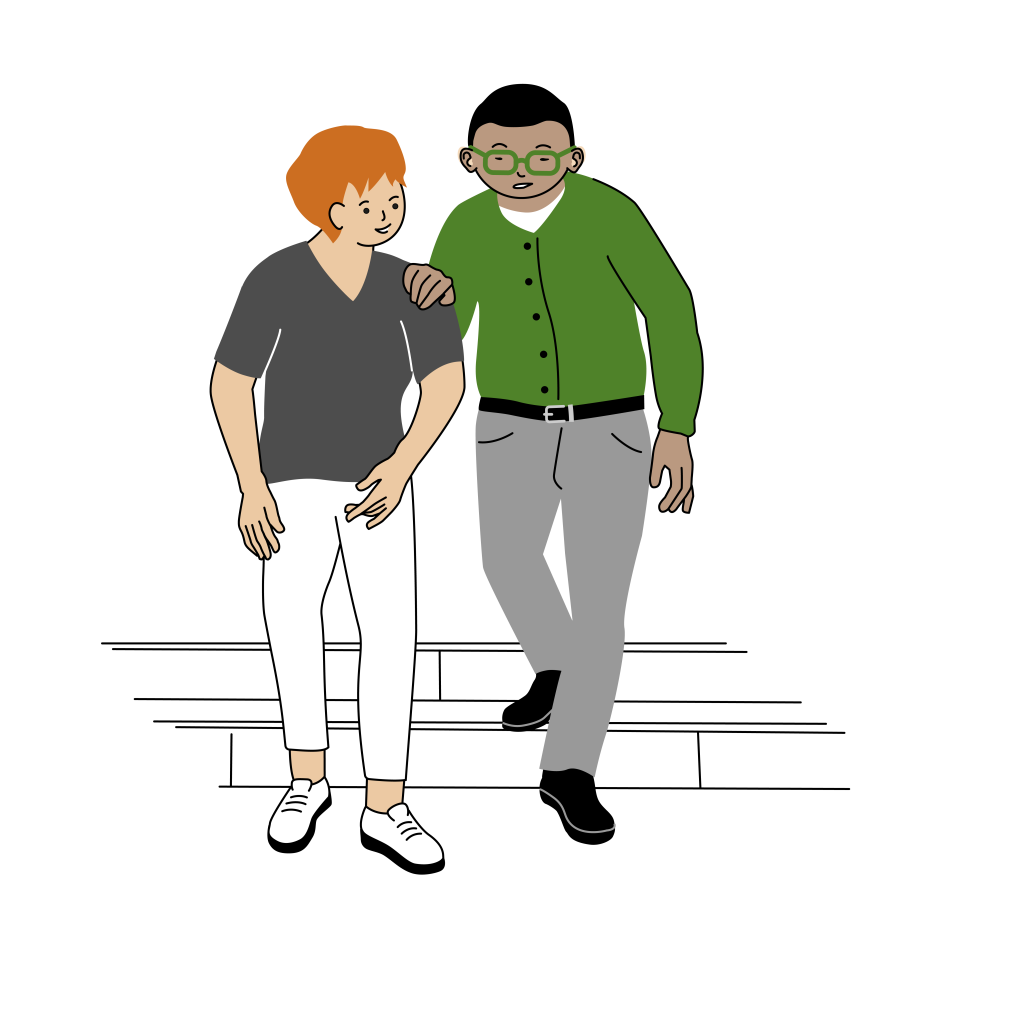 En kvinna går nedför en trappa tillsammans med en man som har glasögon och håller sin ena hand på hennes axel. Illustration.