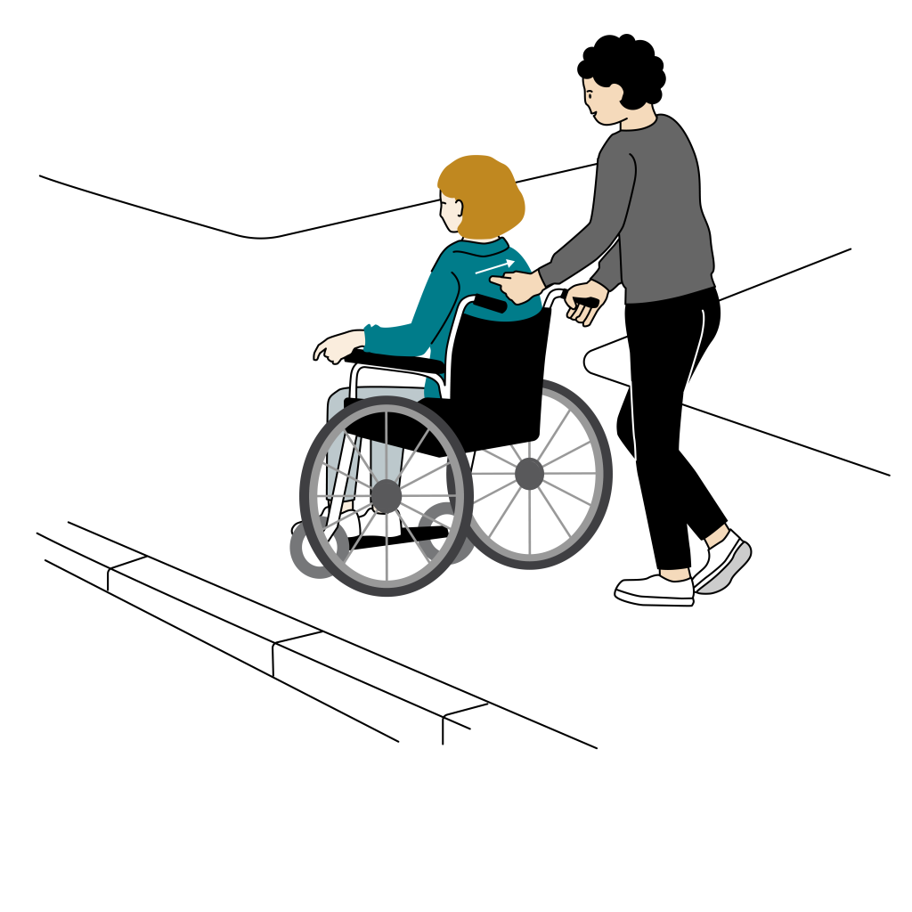 Två personer vid en tom vägkorsning. Den ena sitter i en rullstol och den andra går bakom och kör rullstolen. Hen gör ett tecken för att visa sväng åt höger. Illustration.