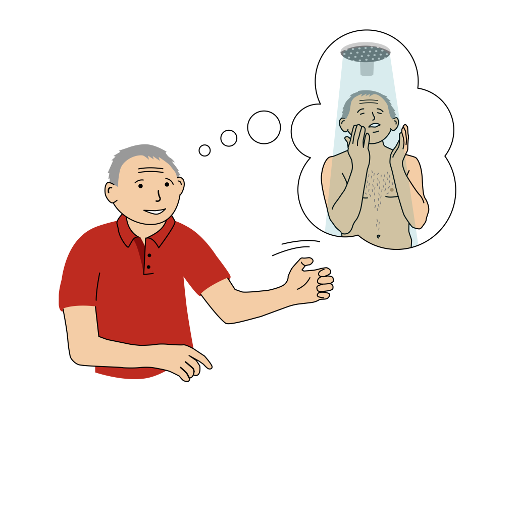 En äldre man håller fram ena handen som i ett greppmoment. Bredvid finns en tankebubbla med honom själv under en rinnande dusch. Illustration.