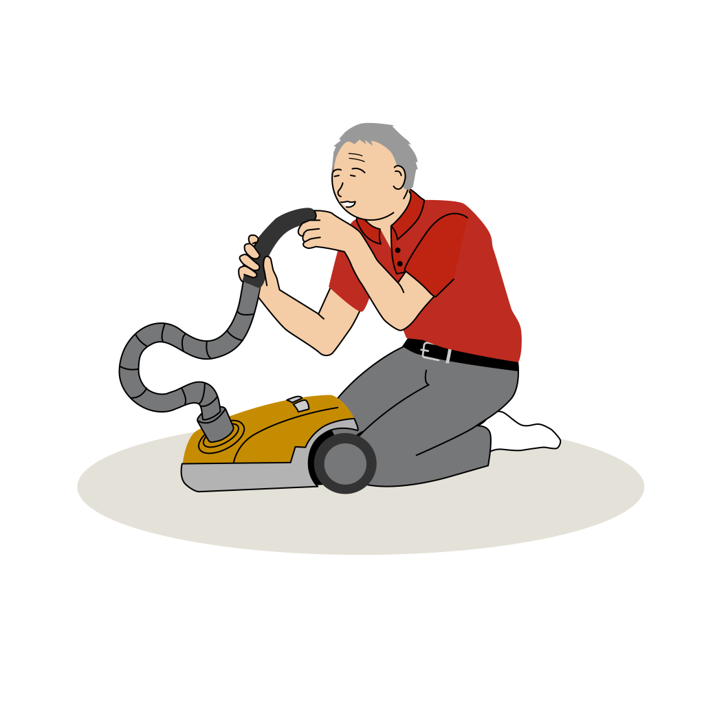 En man med grått hår sitter på knä intill en dammsugare på golvet. Han håller i dammsugarslangen med en hand och har ett finger från den andra handen instoppat i slangens öppna mynning. Illustration.