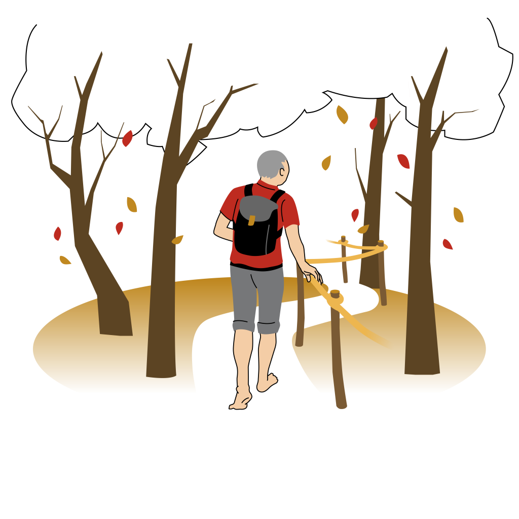En man med ryggsäck går barfota längs en parkväg och följer ett rep som hålls upp av träpålar längs vägkanten. Intill vägen står träd som fäller höstlöv. Illustration.