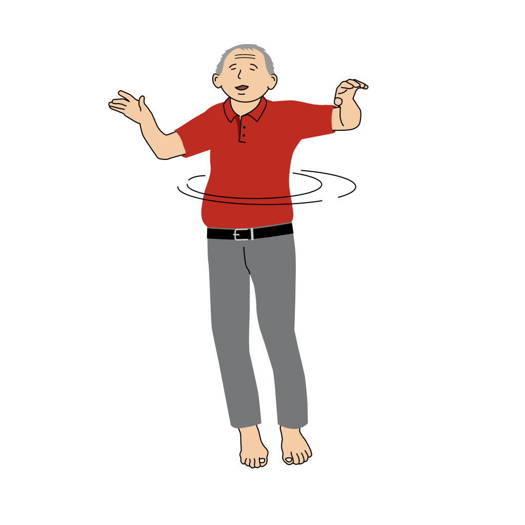 En barfota äldre man står upp, håller ut sina armar vid sidorna och roterar med överkroppen. Illustration.