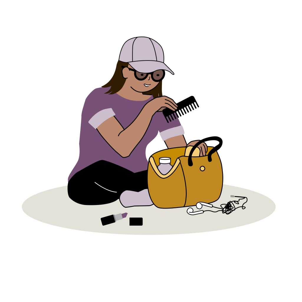 En tjej med runda glasögon och keps sitter på golvet och undersöker föremålen i en handväska. Illustration.