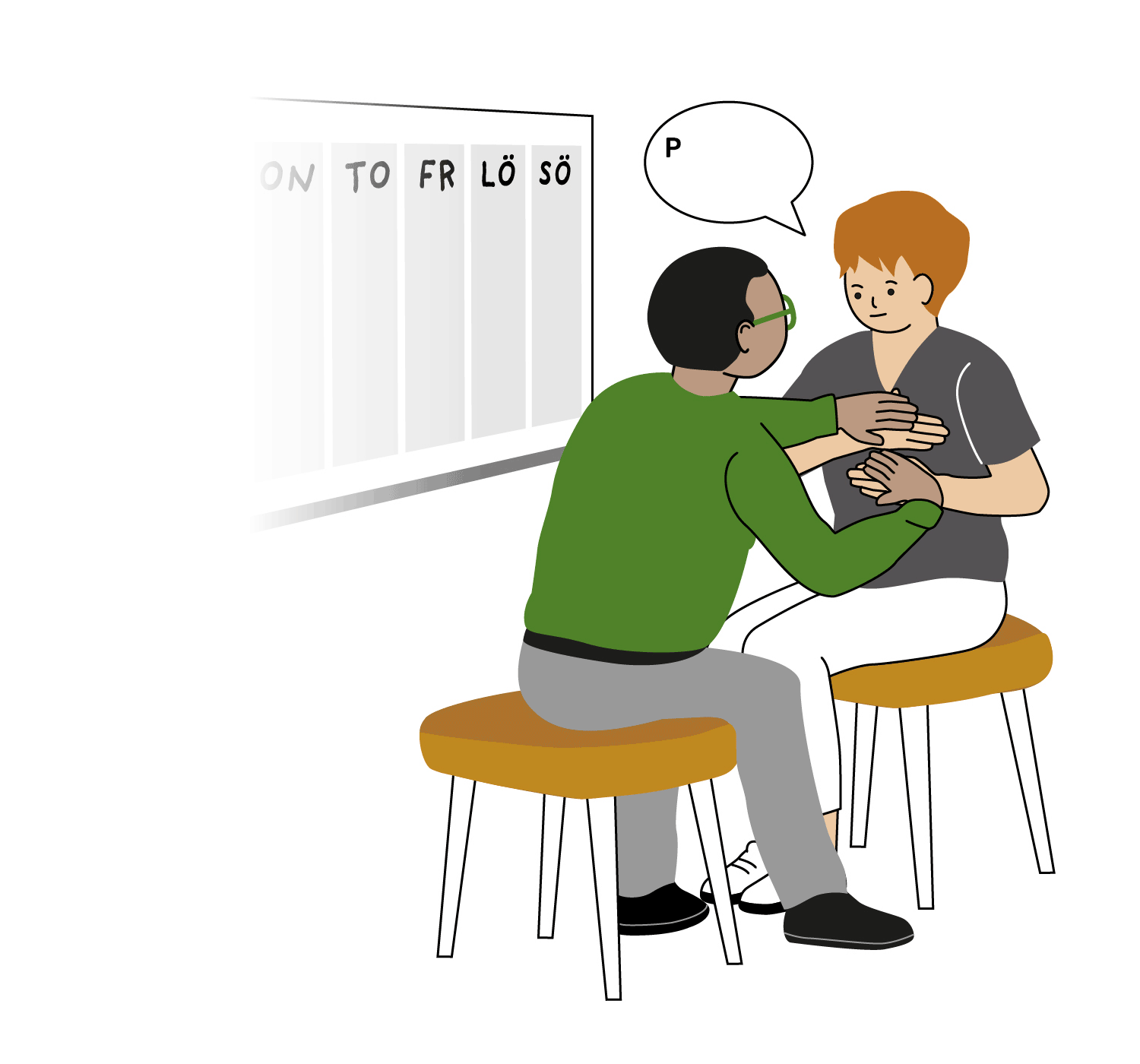 En man med glasögon och en kvinna sitter vända mot varandra på var sin pall intill en stor vägghängd veckokalender. Kvinnan både talar och tecknar, mannen följer tecknet för att bada med sina händer ovanpå hennes och nickar. Animation.