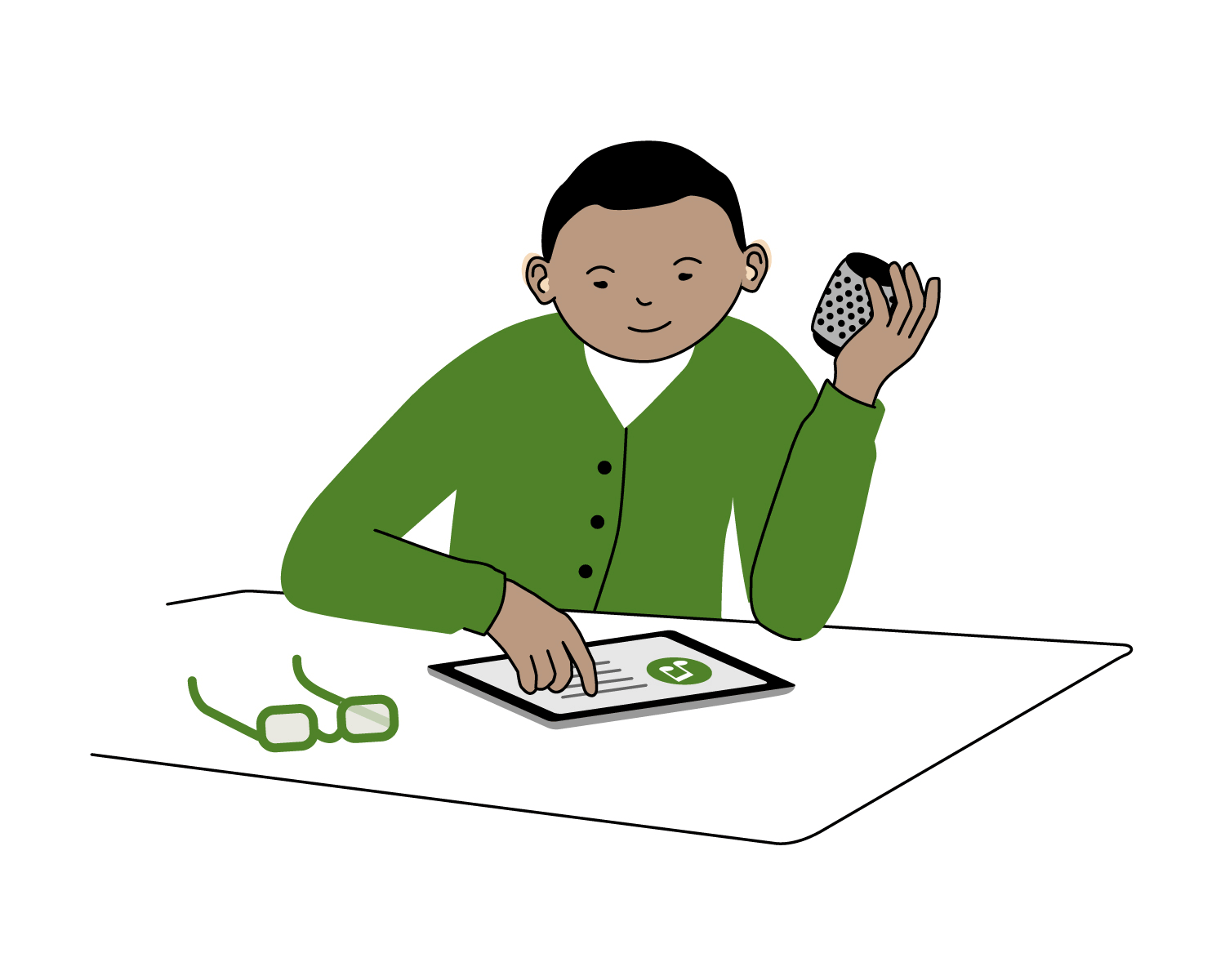 En man med två hörapparater håller en vibrationshögtalare intill ena kinden. Han väljer musik från en surfplatta på bordsskivan framför honom. Där ligger också ett par glasögon. Animation.