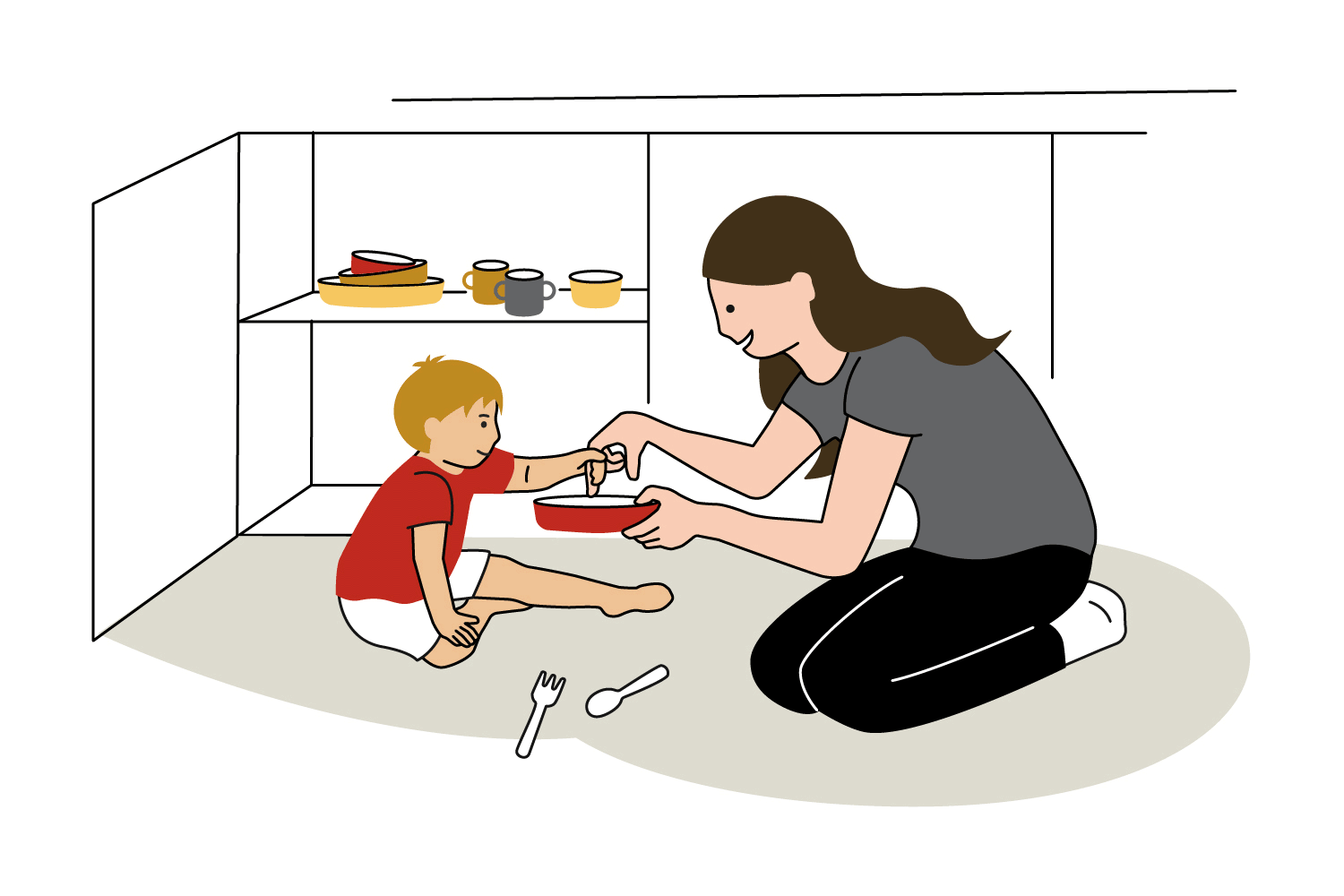 En kvinna och ett litet barn sitter på golvet framför ett skåp och undersöker innehållet i en tallrik som kvinnan håller. Pojken håller i hennes fingrar. Animation.
