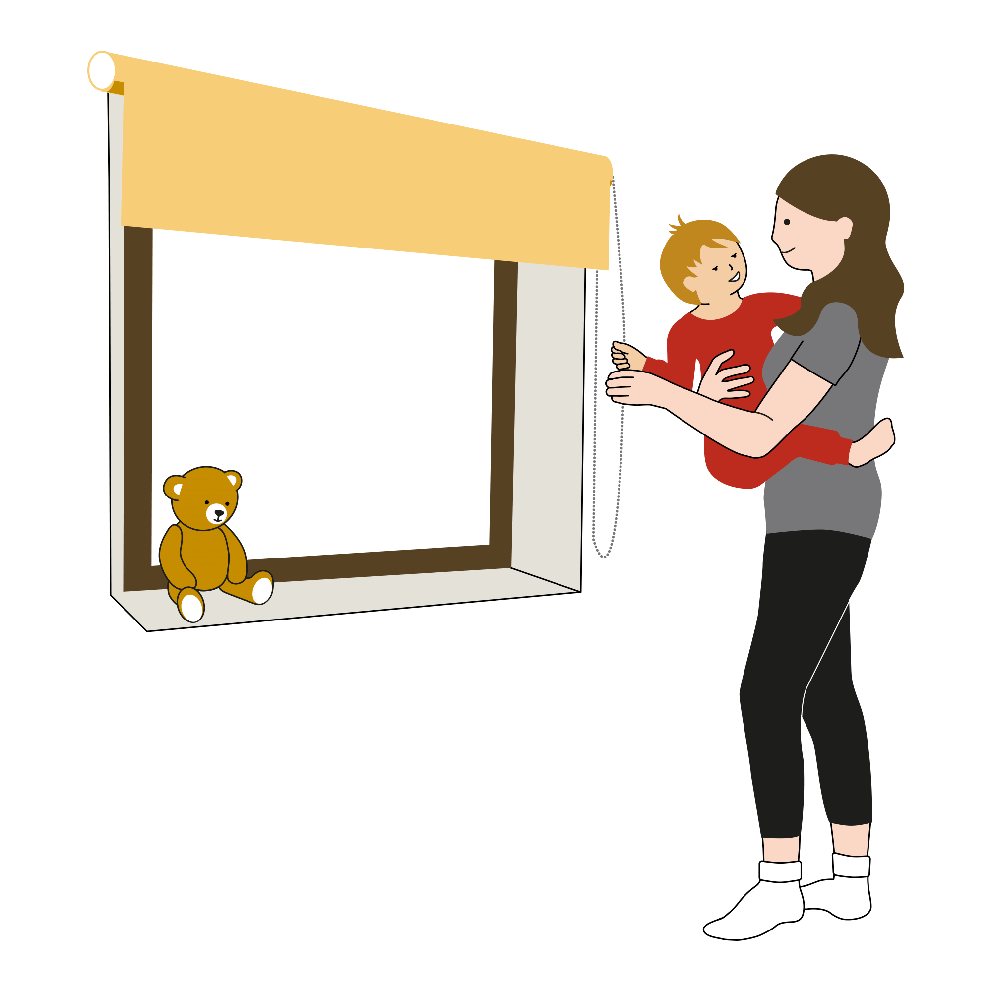 En kvinna håller ett litet barn i famnen. De står vid ett fönster och drar ner en rullgardin. Animation.