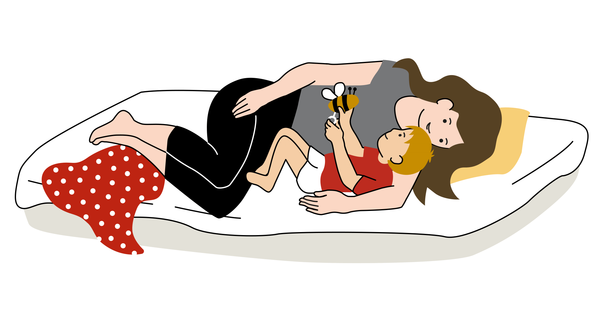En kvinna ligger ned på en madrass med ett litet barn intill sig. Barnet håller i ett vibrerande leksaksbi med ett utdragbart snöre. Animation.