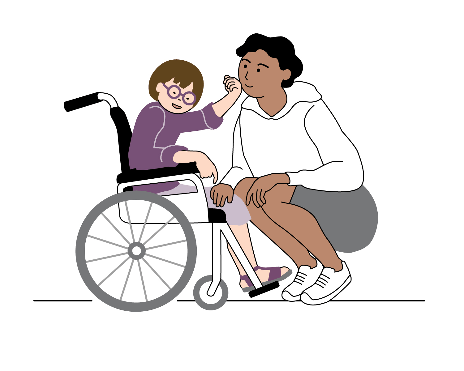 En flicka med glasögon sitter i en rullstol och känner på kinden på en vuxen som sitter på huk framför rullstolen. Animation.