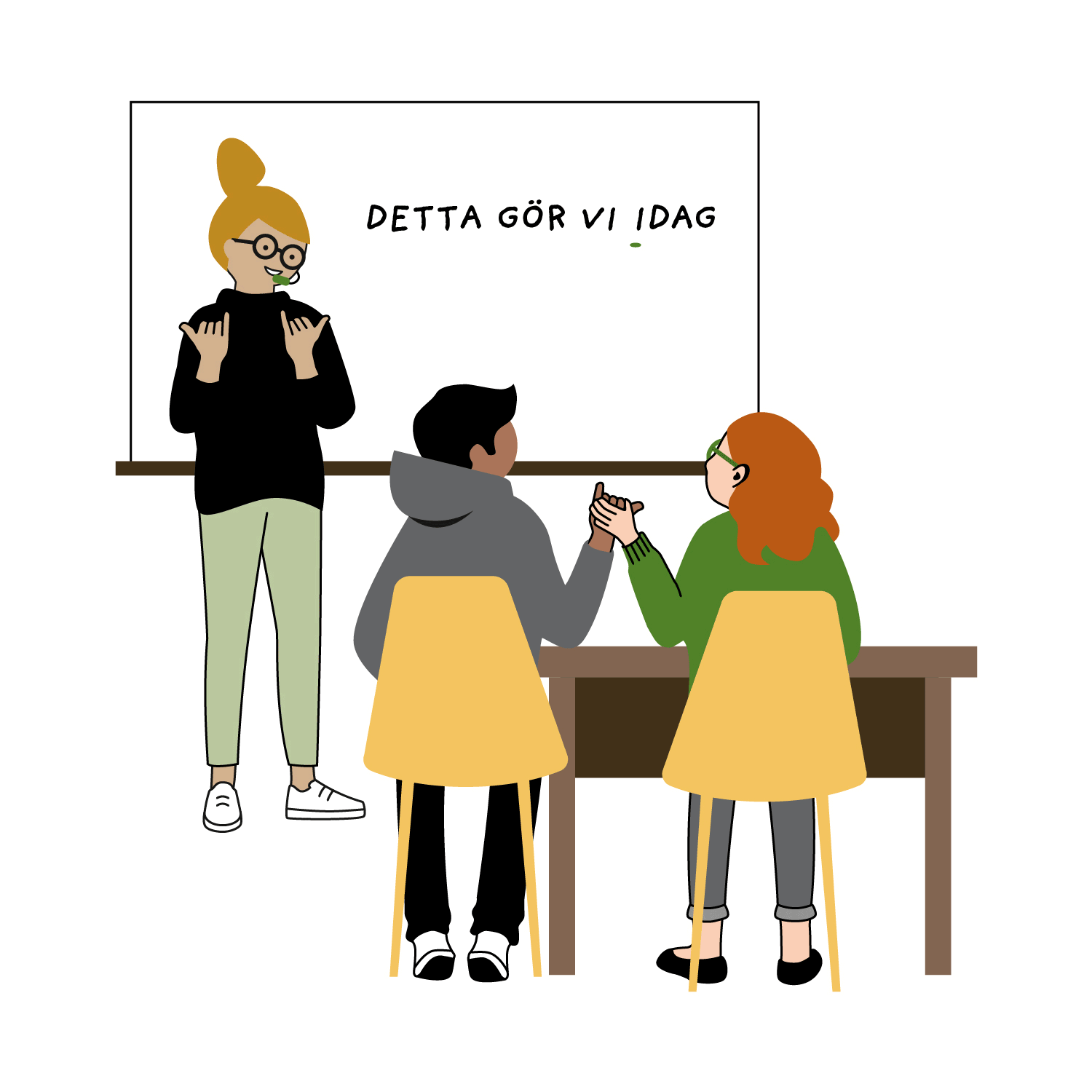 En kvinna står framför en skrivtavla och talar i en mikrofonlur. Två yngre personer lyssnar från ett arbetsbord där de via armbågsstöd har kontakt med varandras händer. Animation.