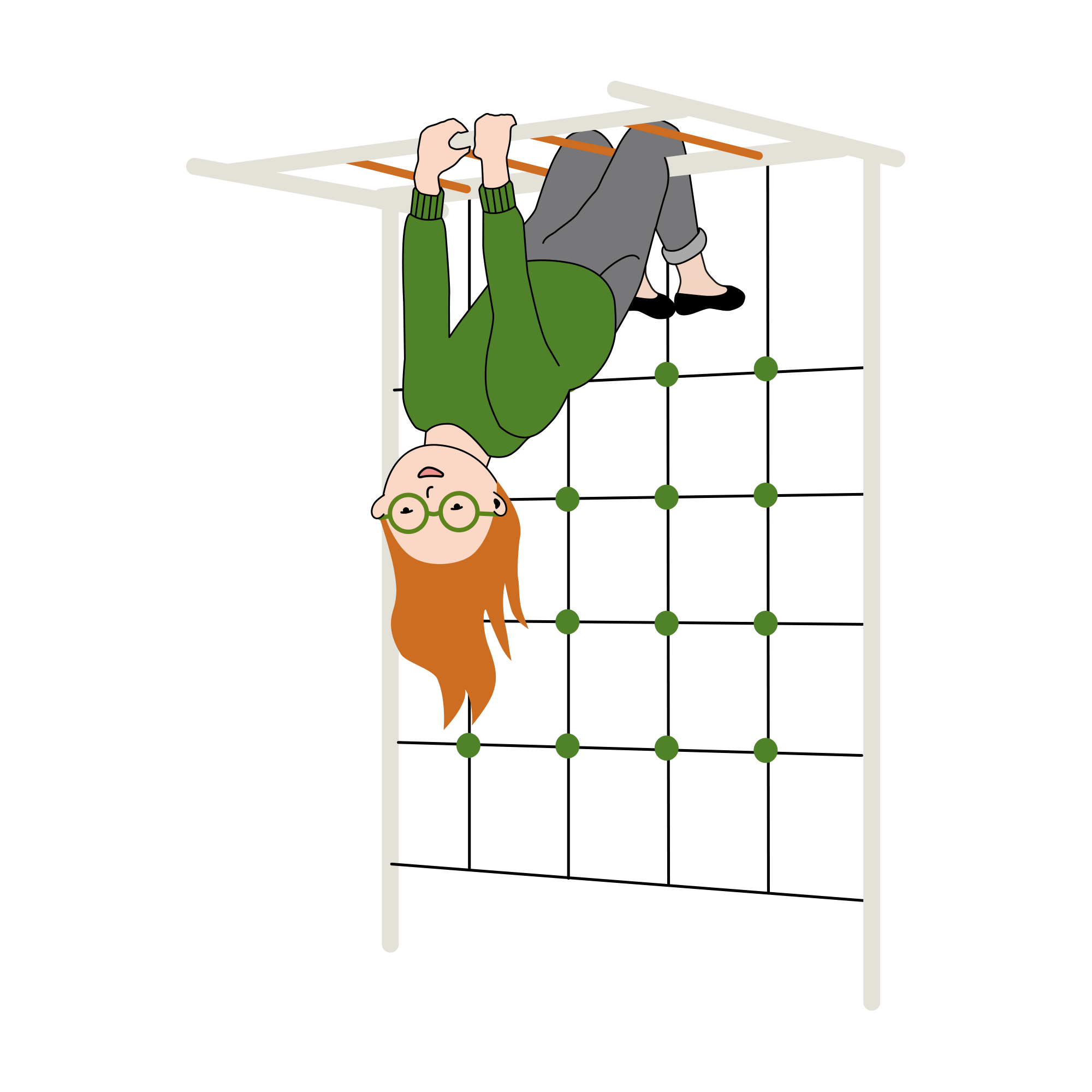 En flicka med glasögon hänger upp-och-ner i en klätterställning. Animation.