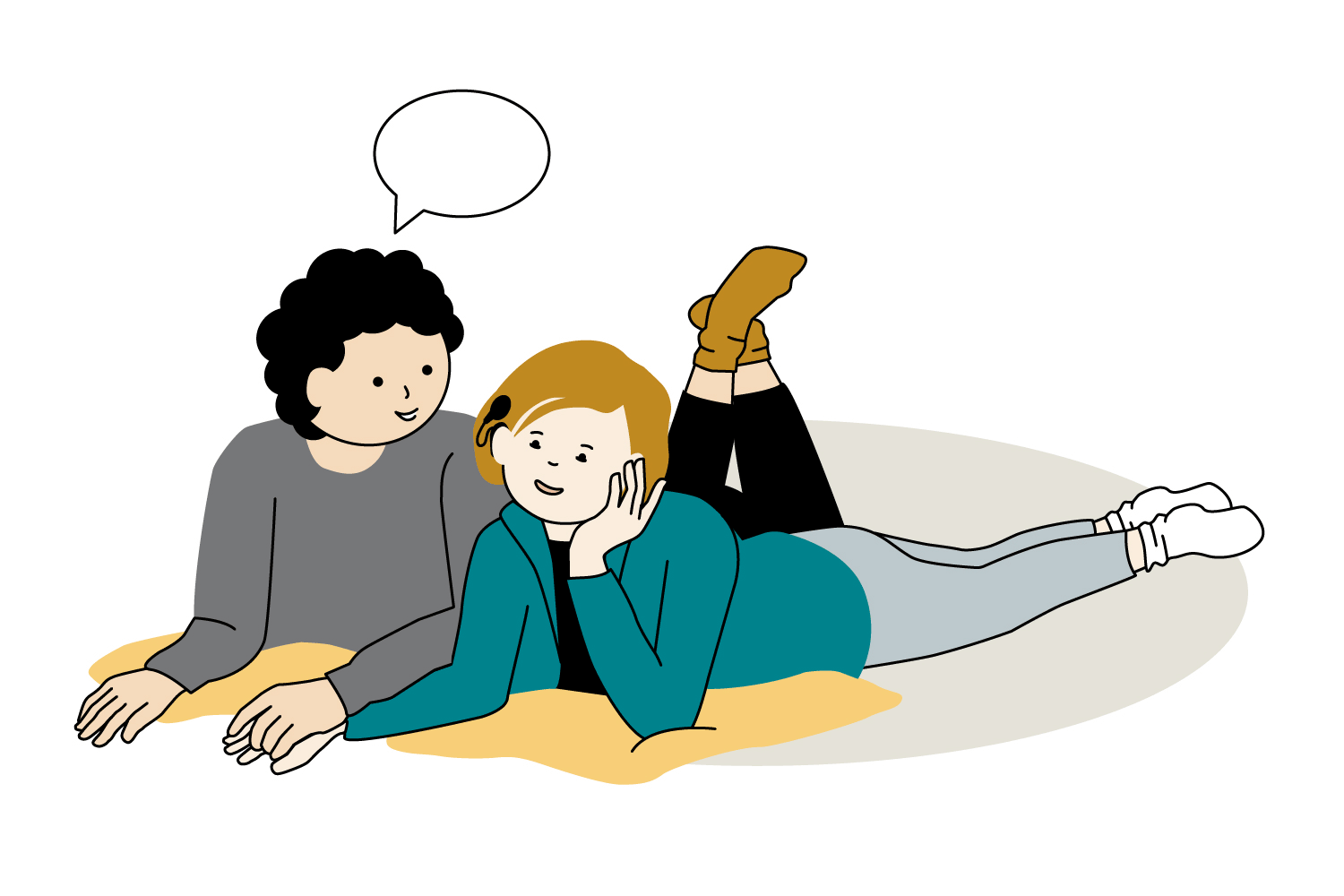 Två personer ligger på mage intill varandra och pratar. Personen till vänster har sin hand ovanpå den andra personens handrygg. Personen till höger använder hörhjälpmedel. Animation.