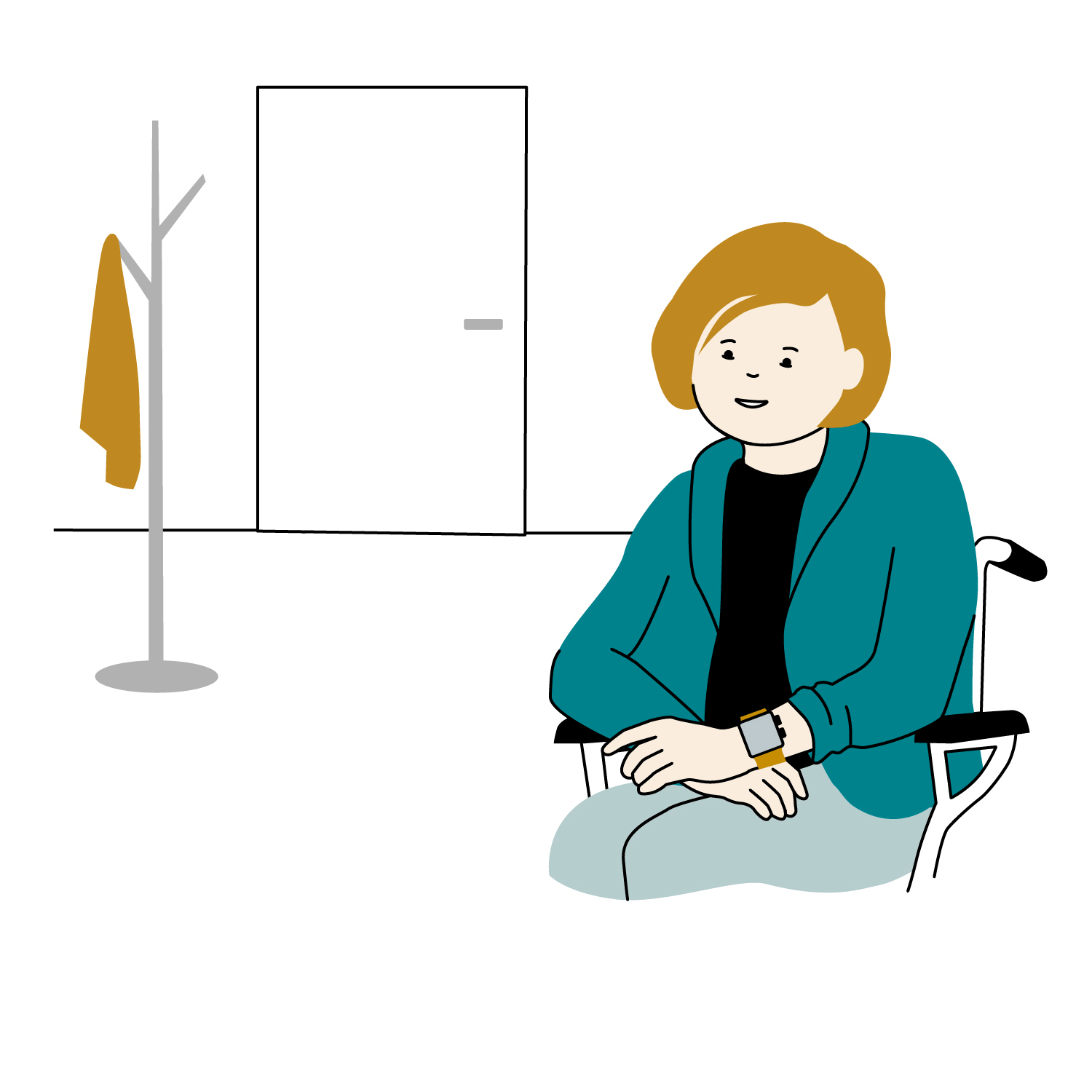 En kvinna sitter i en rullstol och har ett vibrerande armbandsur på handleden. I bakgrunden syns en öppen dörr och en person som är på väg in. Animation.