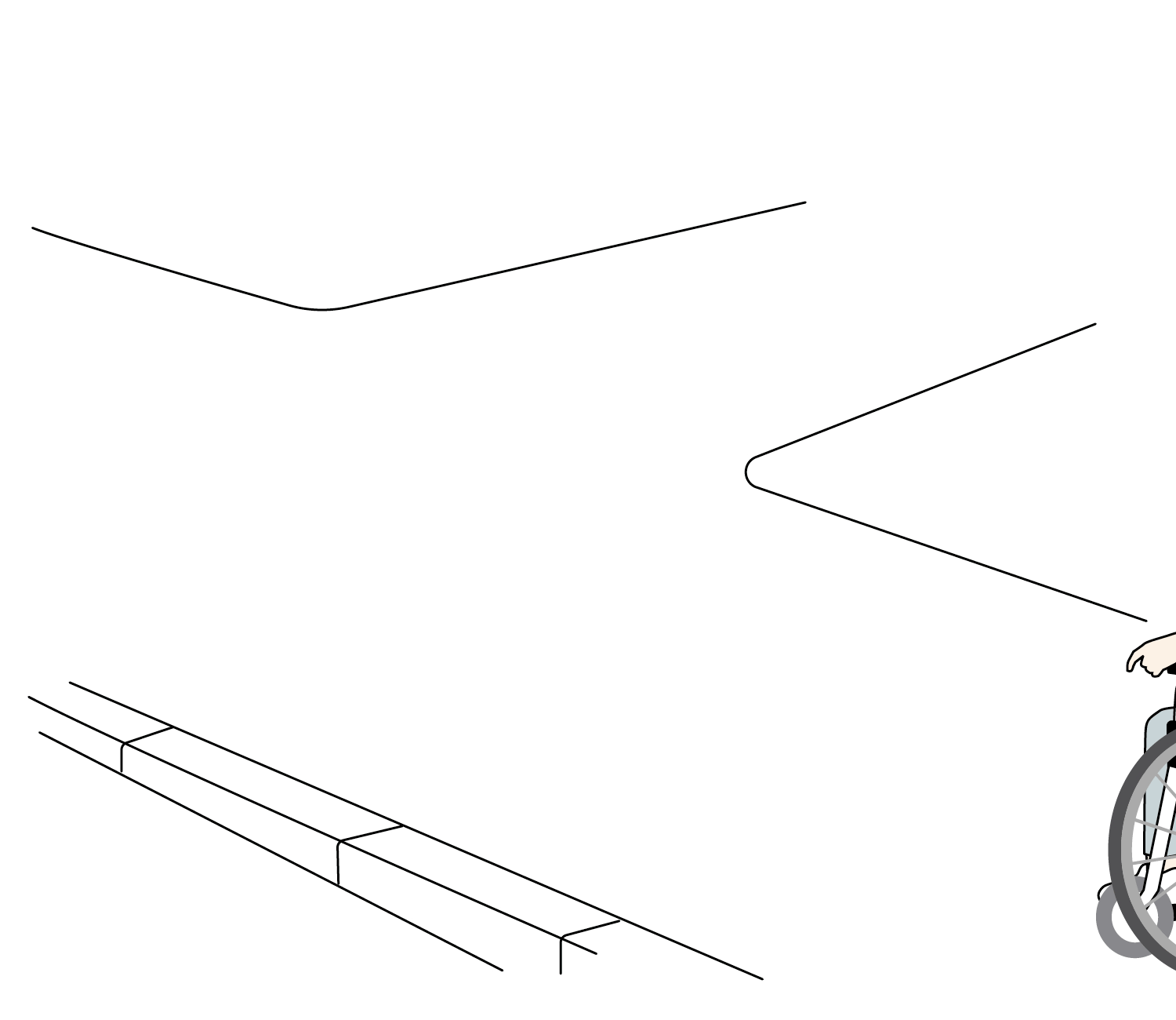 Två personer vid en tom vägkorsning. Den ena sitter i rullstol och den andra, som går bakom och kör rullstolen, gör ett tecken för att visa sväng åt höger. Animation.