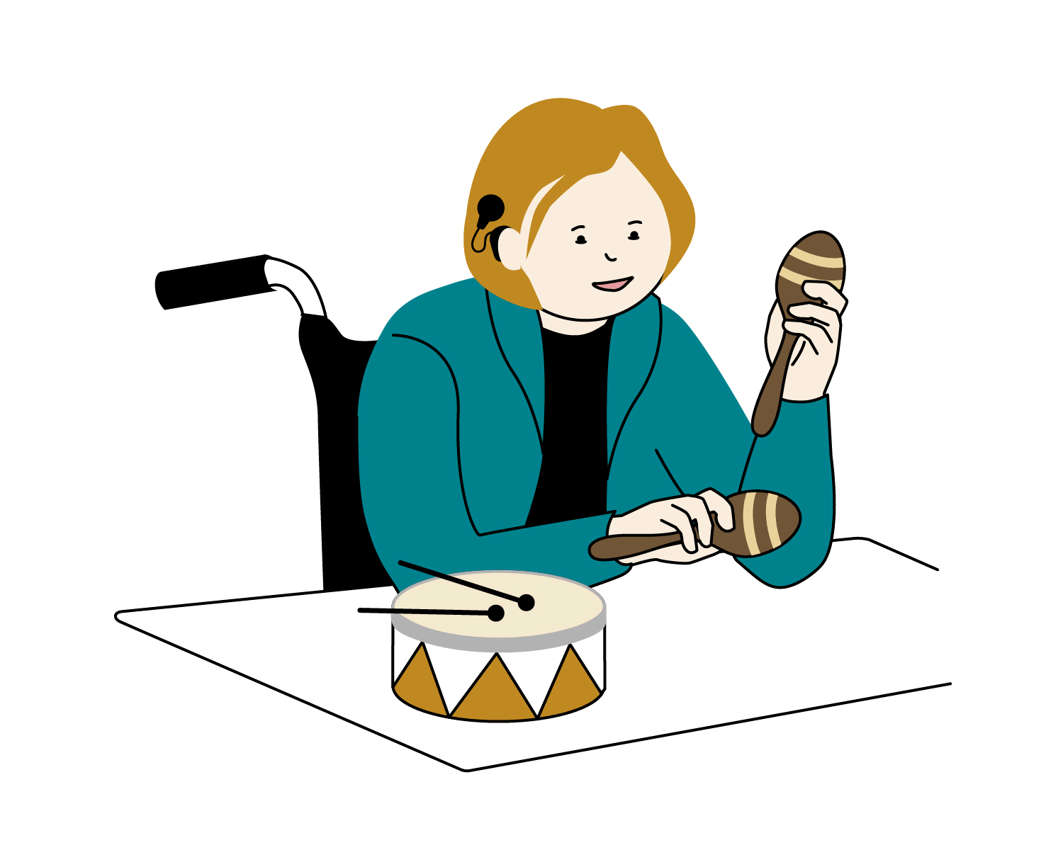 En kvinna med hörapparat sitter i en rullstol vid ett bord med en liten trumma på. Hon håller en maracas i vardera hand, skakar den ena och undersöker den därefter med sin tunga. Animation.