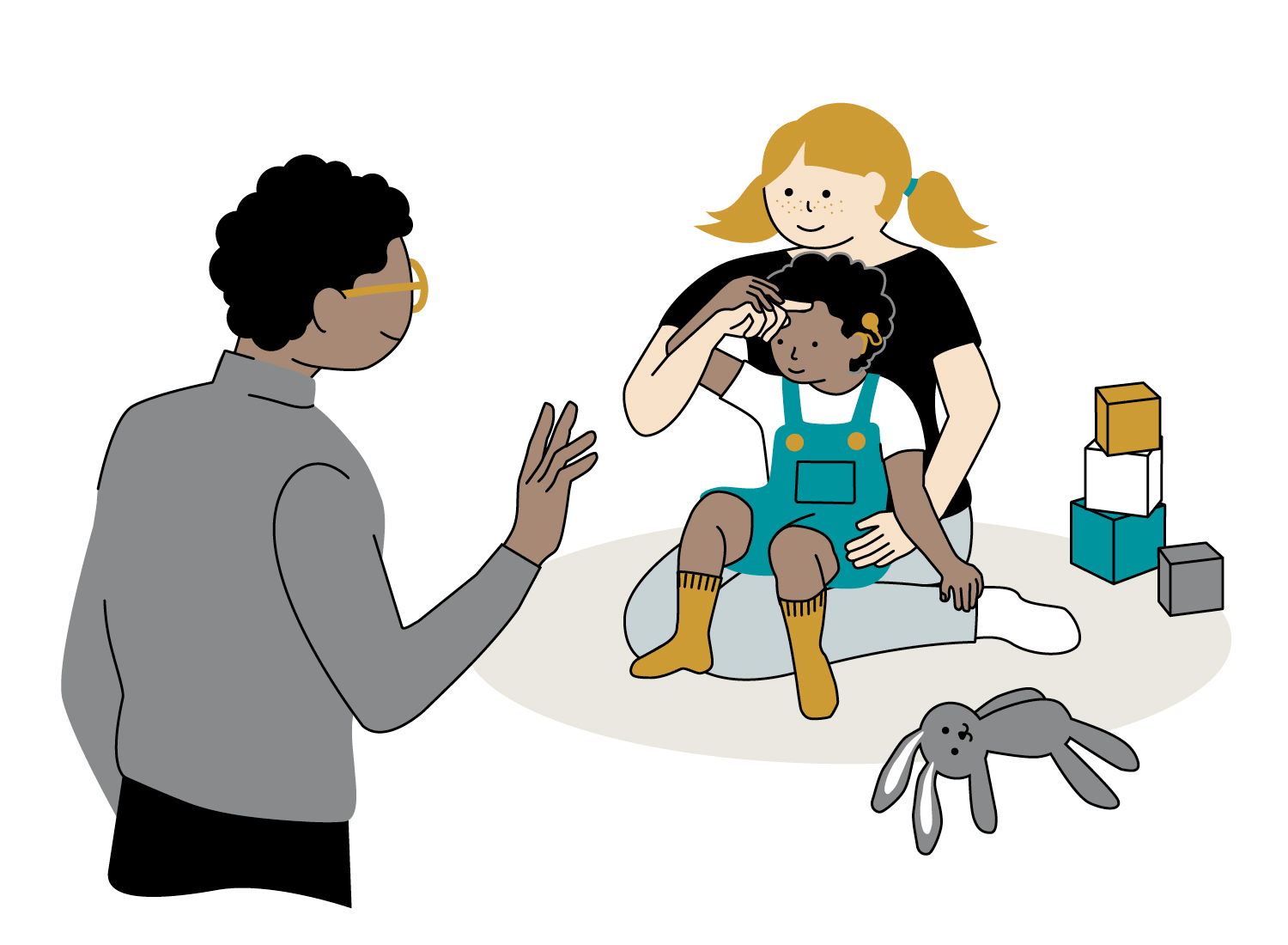 En kvinna och ett barn sitter tillsammans på golvet och tittar på en man som hälsar med handen. Barnet har hörhjälpmedel och får hjälp att utföra tecknet för "pappa". Animation.