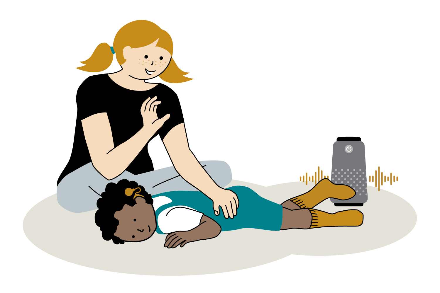 En ung kvinna sitter på golvet med en pojke som ligger på mage framför henne. Pojken har hörapparat och håller sin ena fot mot en vibrerande högtalare. Animation.