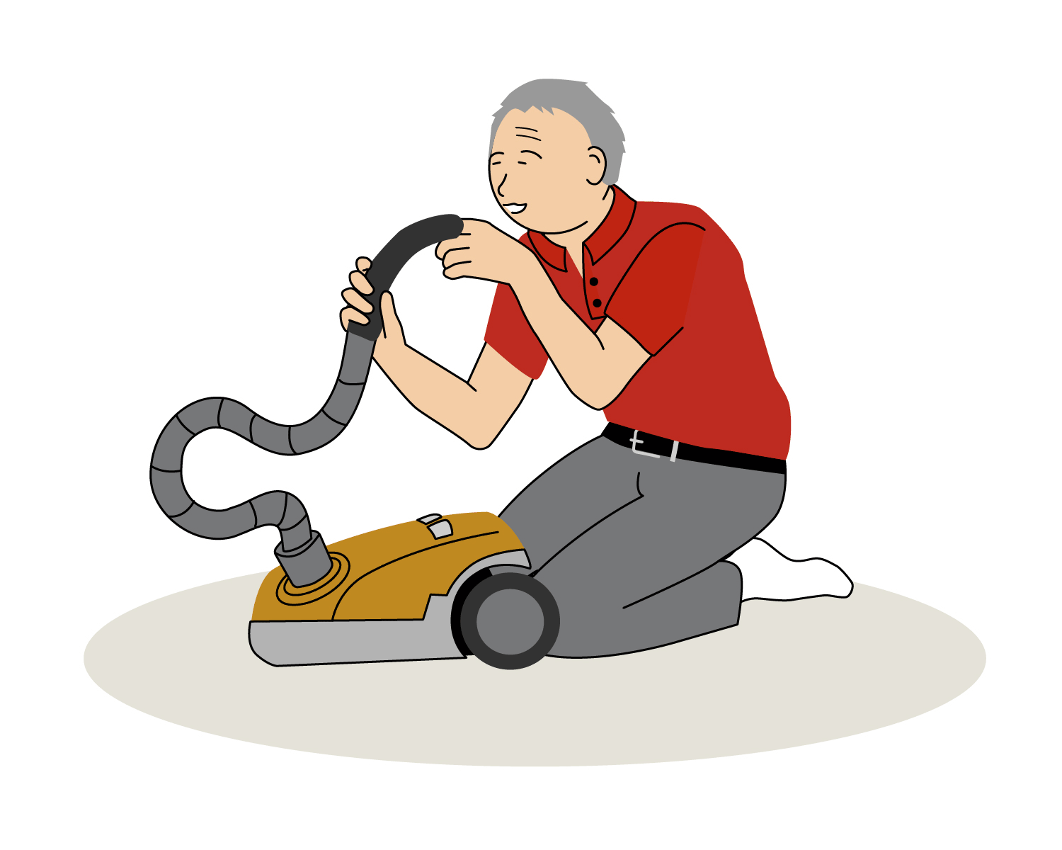 En äldre man sitter på knä med en dammsugare framför sig. Han känner med ena fingret i dammsugarens munstycke. Animation.