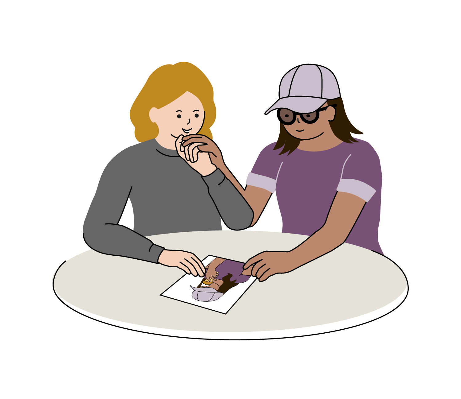 En kvinna och en tjej med keps och glasögon sitter vid ett runt bord och tittar på ett foto. De har handkontakt med de händer som de har emellan sig. Animation.
