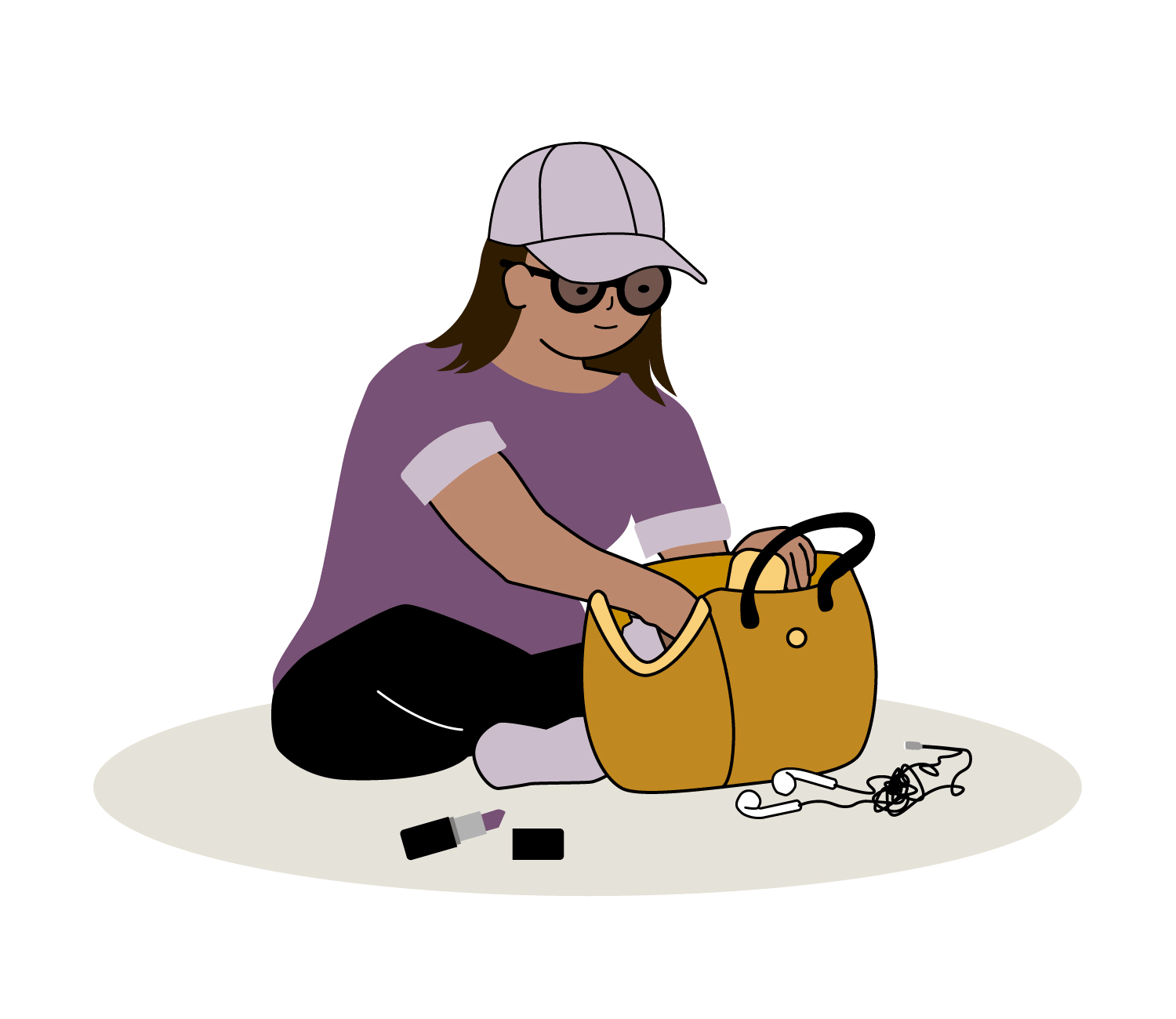 En tjej med glasögon och keps sitter på golvet och plockar med innehållet i en handväska. Animation.